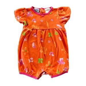 Vintage Cotton Romper Simply Basic Baby Girl Orange Floral Puff Sleeve 12 Months